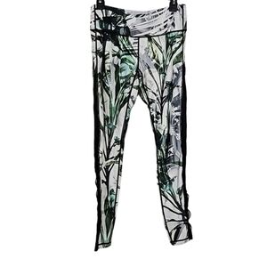 Tropical Palm Mesh Side Panel Workout Pants Leggings White Green Black